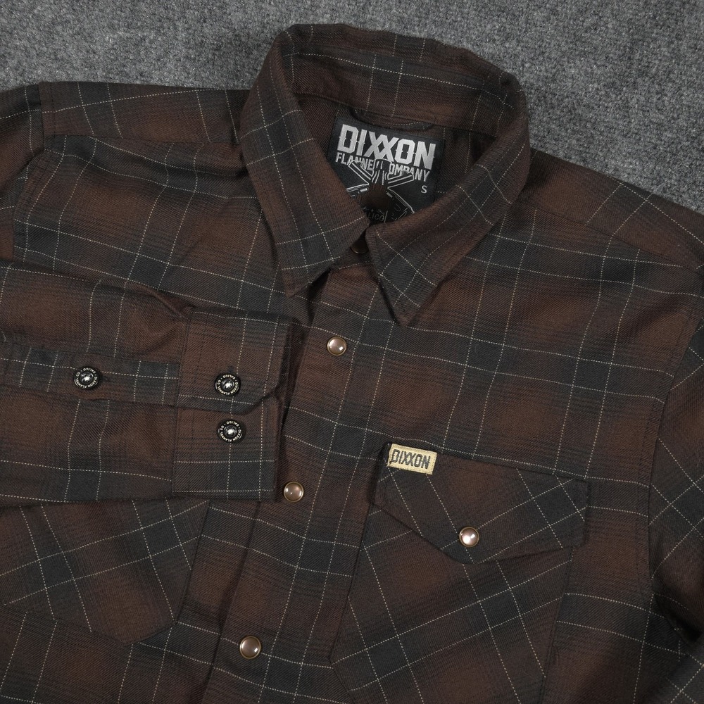 Dixxon Calico Flannel Shirt Mens S Brown Plaid Pearl Snap Western Outdoors